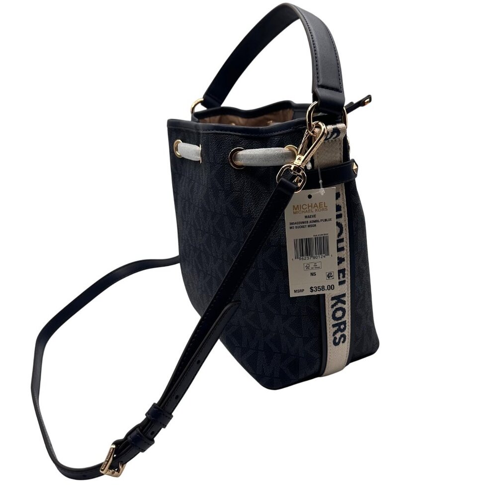 Michael Kors MK Signature Blue Bucket Bag Designer Logo Tote Gold Hardware - Picture 13 of 13